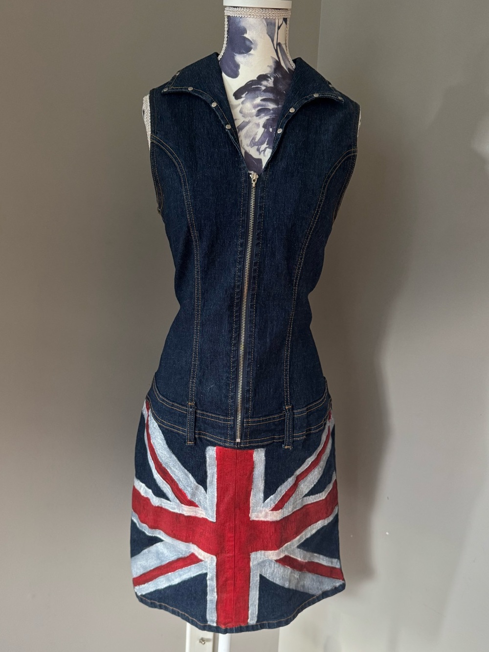 Y2K Rave Stretch Dark Indigo Denim Dress With Union Jack Detail